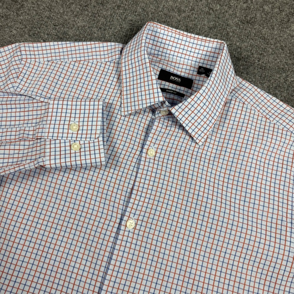 Hugo Boss Sharp Fit Dress Shirt Mens 15 32/33 Blue Orange Check Long Sleeve